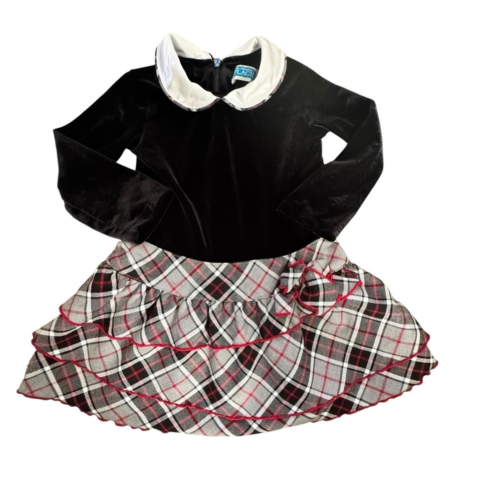 The Children’s Place Holiday Dress 18M Black Velvet Plaid Peter Pan Collar